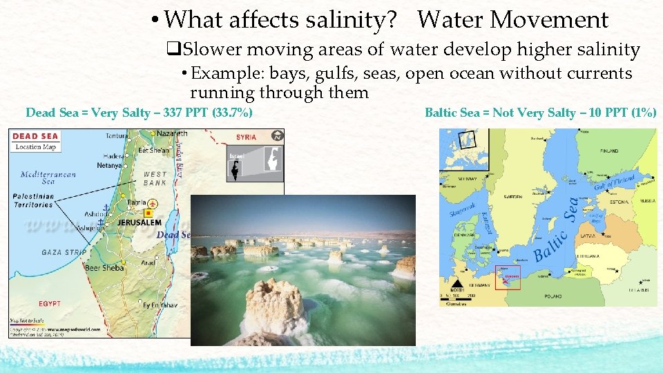  • What affects salinity? Water Movement q. Slower moving areas of water develop