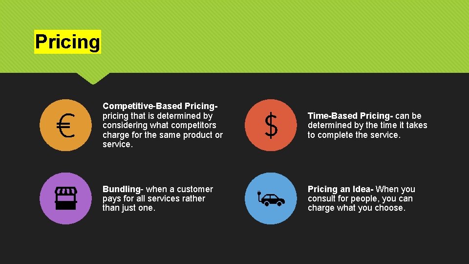 Pricing Competitive-Based Pricingpricing that is determined by considering what competitors charge for the same