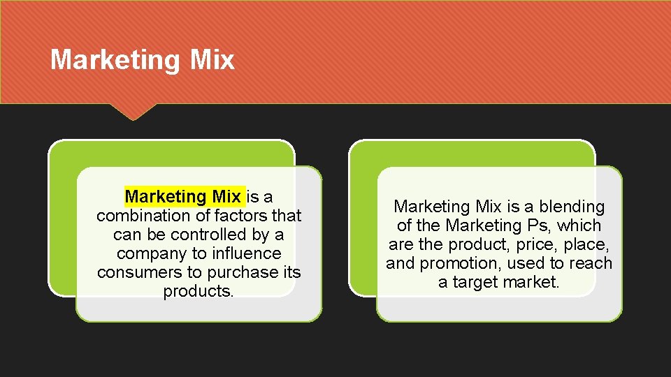 Marketing Mix is a combination of factors that can be controlled by a company