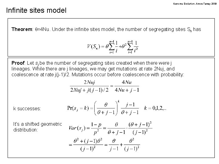 Genome Evolution. Amos Tanay 2009 Infinite sites model Theorem: q=4 Nu. Under the infinite