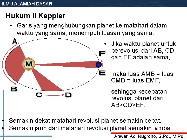 ILMU ALAMIAH DASAR Hukum II Keppler • Garis yang menghubungkan planet ke matahari dalam