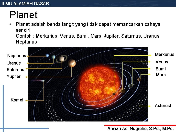 ILMU ALAMIAH DASAR Planet • Planet adalah benda langit yang tidak dapat memancarkan cahaya