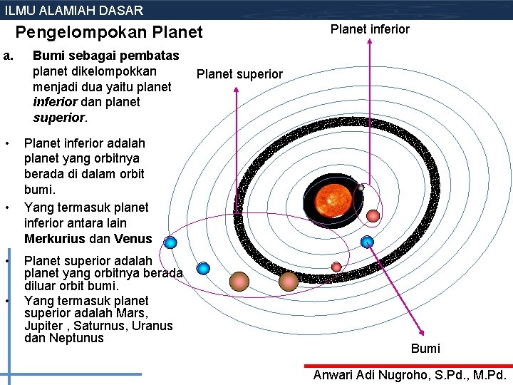 ILMU ALAMIAH DASAR Pengelompokan Planet a. • • Bumi sebagai pembatas planet dikelompokkan menjadi