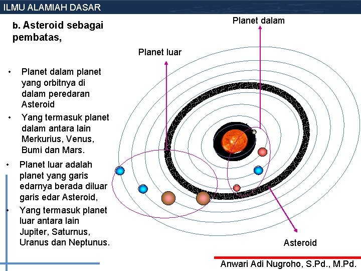 ILMU ALAMIAH DASAR Planet dalam b. Asteroid sebagai pembatas, Planet luar • • Planet