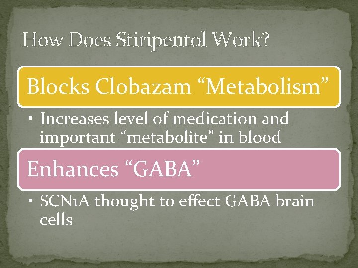 How Does Stiripentol Work? Blocks Clobazam “Metabolism” • Increases level of medication and important