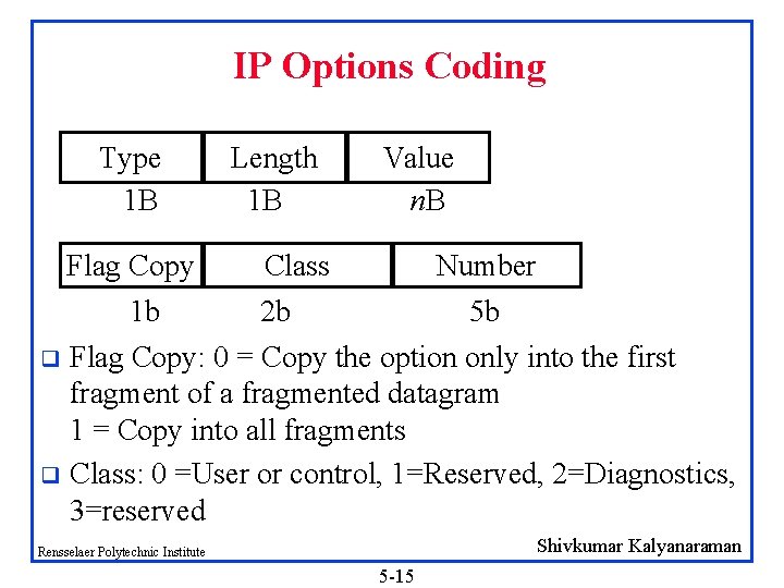 IP Options Coding Type 1 B Length 1 B Value n. B Flag Copy