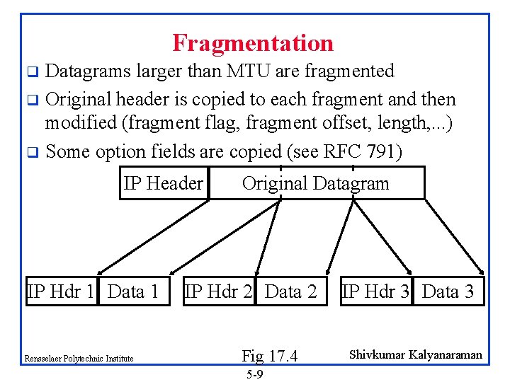 Fragmentation Datagrams larger than MTU are fragmented q Original header is copied to each