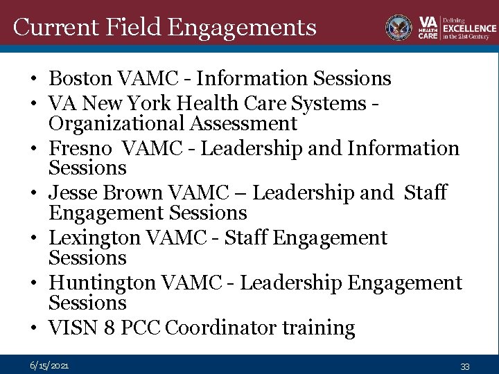 Current Field Engagements • Boston VAMC - Information Sessions • VA New York Health