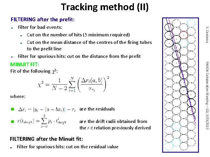 Tracking method (II) FILTERING after the prefit: Fit of the following c 2: where: