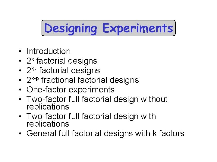 Designing Experiments • • • Introduction 2 k factorial designs 2 kr factorial designs