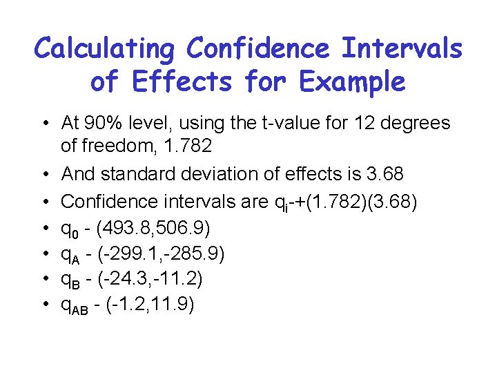 Calculating Confidence Intervals of Effects for Example • At 90% level, using the t-value