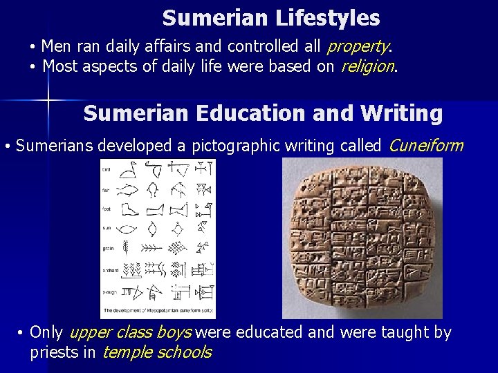 Sumerian Lifestyles • Men ran daily affairs and controlled all property. • Most aspects