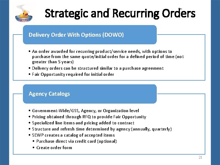 Strategic and Recurring Orders Delivery Order With Options (DOWO) • An order awarded for