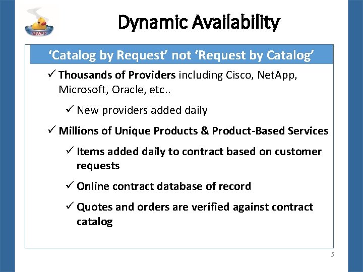 Dynamic Availability ‘Catalog by Request’ not ‘Request by Catalog’ ü Thousands of Providers including