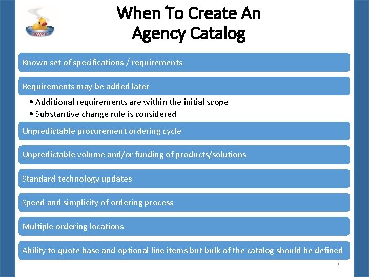 When To Create An Agency Catalog Known set of specifications / requirements Requirements may