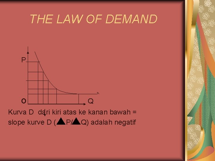 THE LAW OF DEMAND P o Q Kurva D dari kiri atas ke kanan