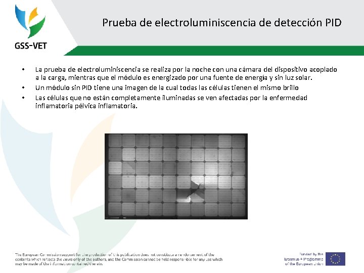 Prueba de electroluminiscencia de detección PID • • • La prueba de electroluminiscencia se