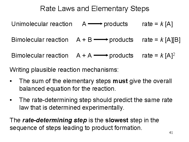 Rate Laws and Elementary Steps Unimolecular reaction A products rate = k [A] Bimolecular