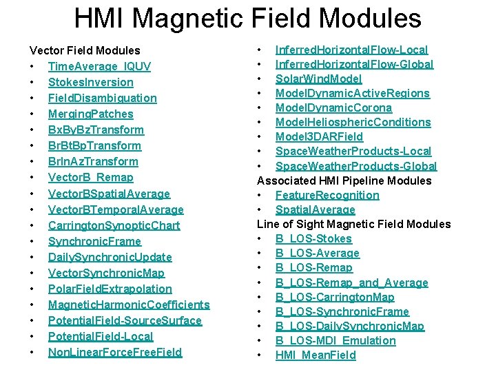 HMI Magnetic Field Modules Vector Field Modules • Time. Average_IQUV • Stokes. Inversion •