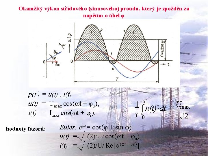 Okamžitý výkon střídavého (sinusového) proudu, který je zpožděn za napětím o úhel φ p(t