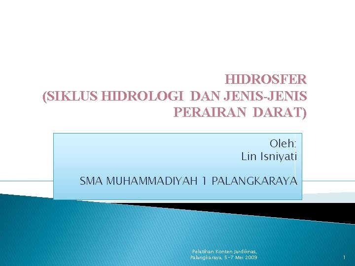 HIDROSFER (SIKLUS HIDROLOGI DAN JENIS-JENIS PERAIRAN DARAT) Oleh: Lin Isniyati SMA MUHAMMADIYAH 1 PALANGKARAYA