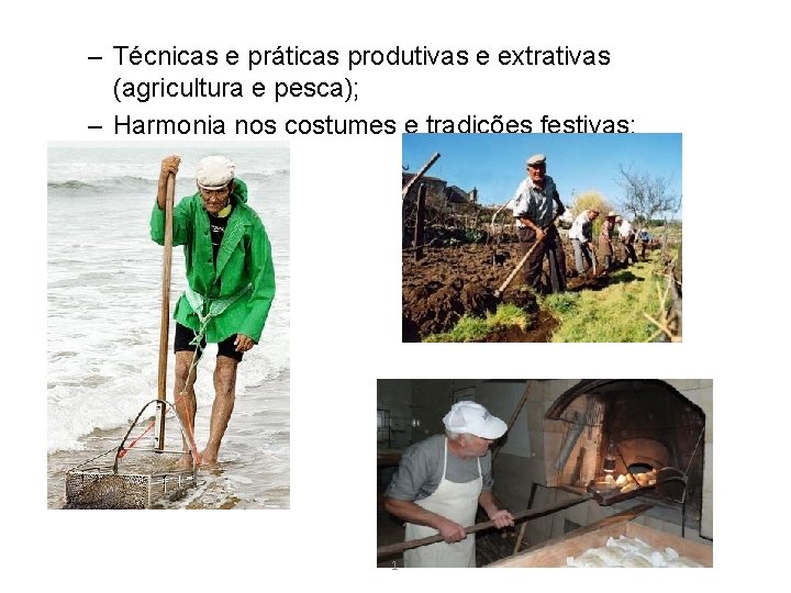 – Técnicas e práticas produtivas e extrativas (agricultura e pesca); – Harmonia nos costumes