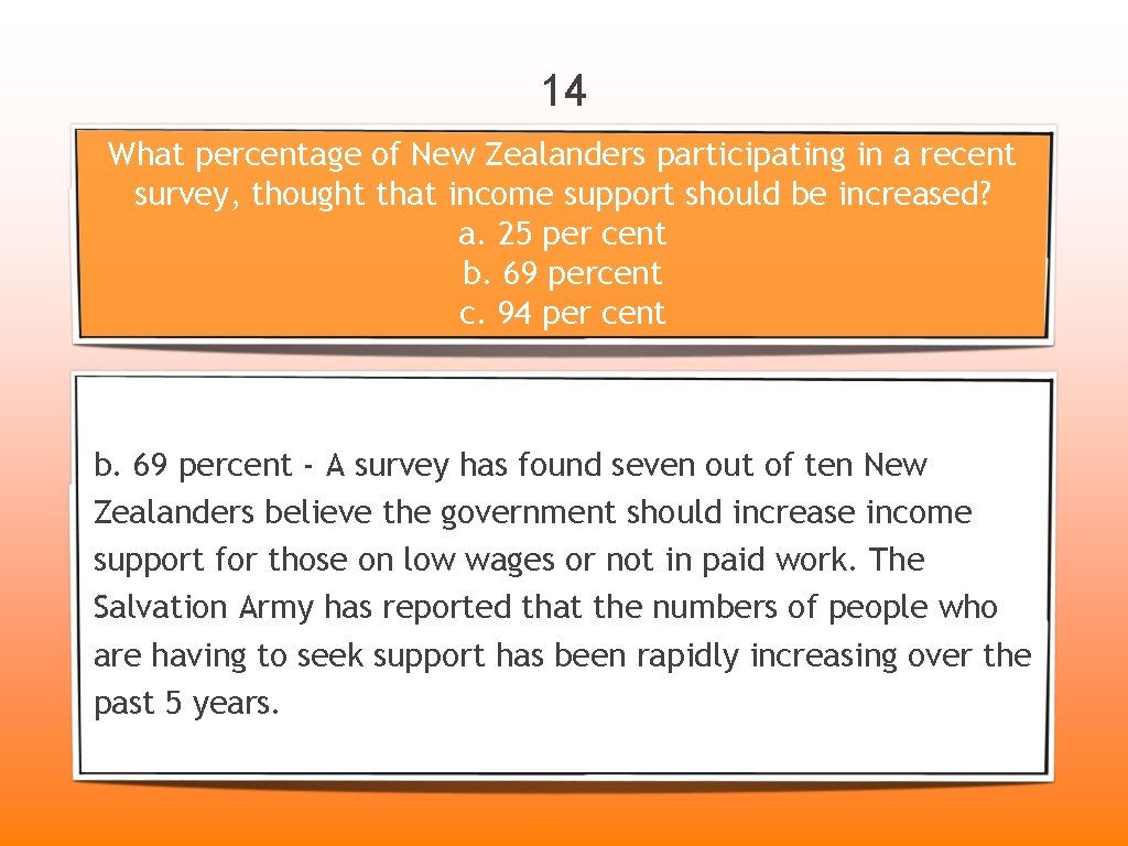 14 What percentage of New Zealanders participating in a recent survey, thought that income
