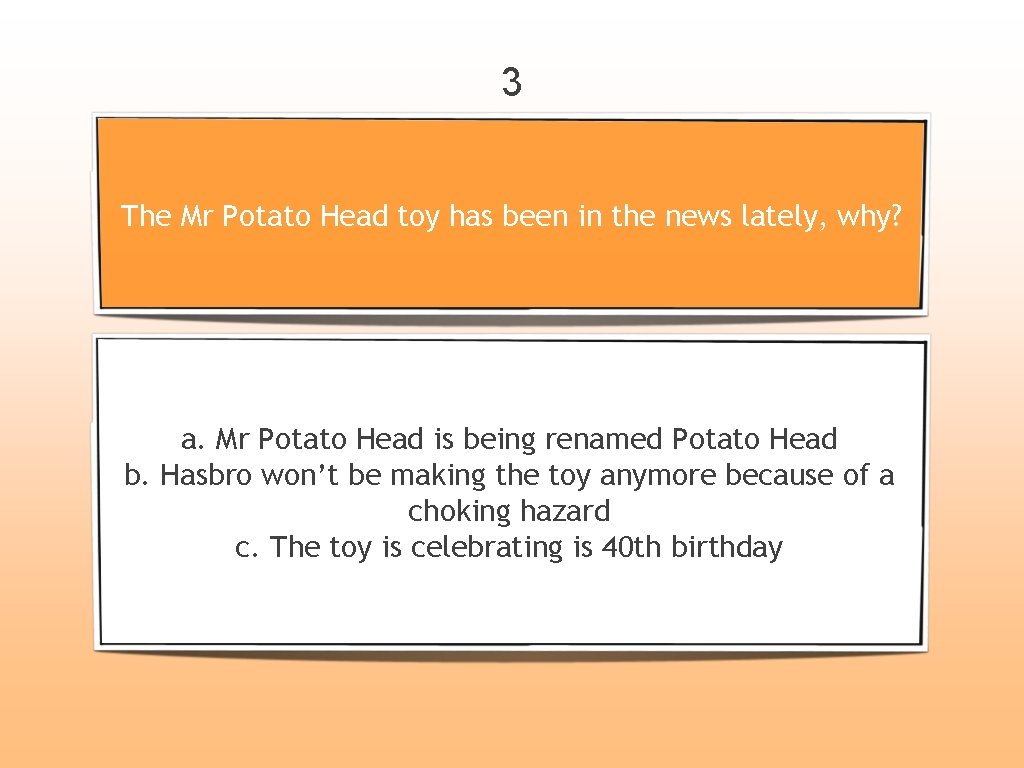 3 The Mr Potato Head toy has been in the news lately, why? a.