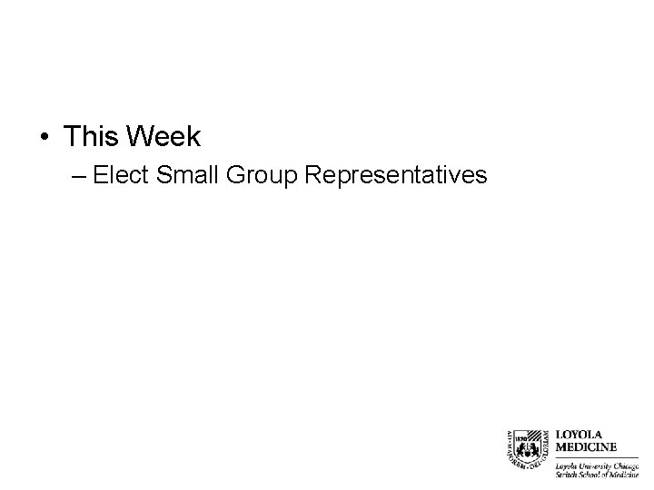  • This Week – Elect Small Group Representatives 