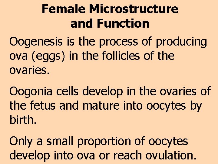 Female Microstructure and Function Oogenesis is the process of producing ova (eggs) in the