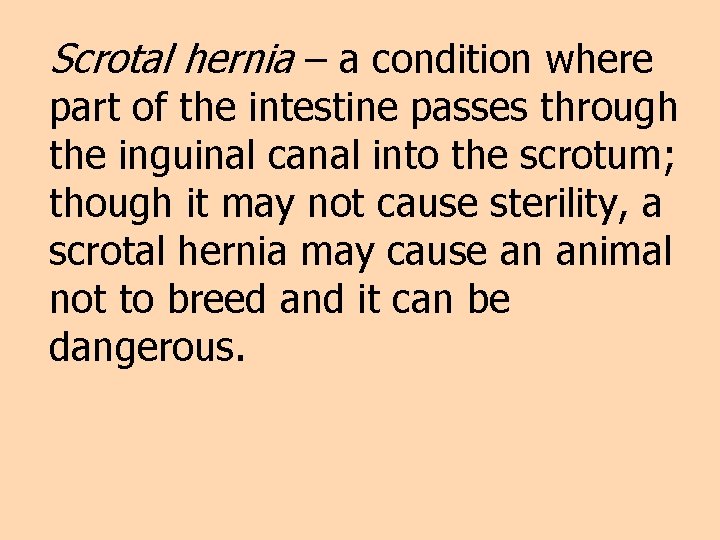 Scrotal hernia – a condition where part of the intestine passes through the inguinal