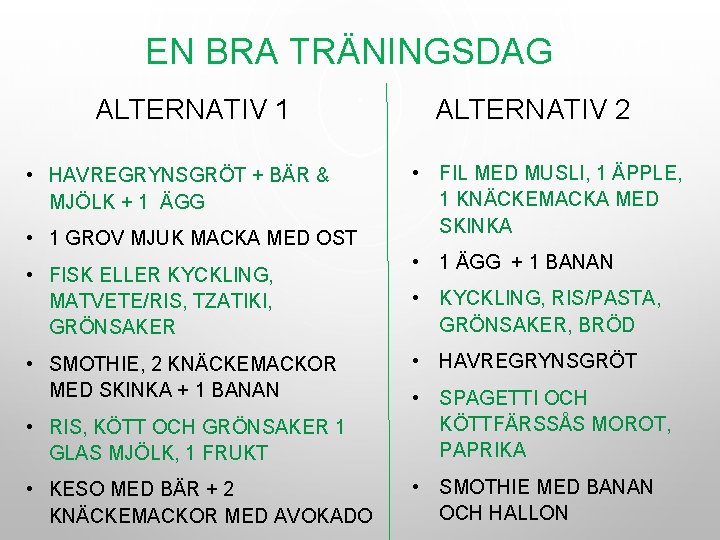 EN BRA TRÄNINGSDAG ALTERNATIV 1 • HAVREGRYNSGRÖT + BÄR & MJÖLK + 1 ÄGG EN BRA TRÄNINGSDAG ALTERNATIV 1 • HAVREGRYNSGRÖT + BÄR & MJÖLK + 1 ÄGG