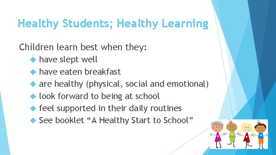 Healthy Students; Healthy Learning Children learn best when they: have slept well have eaten