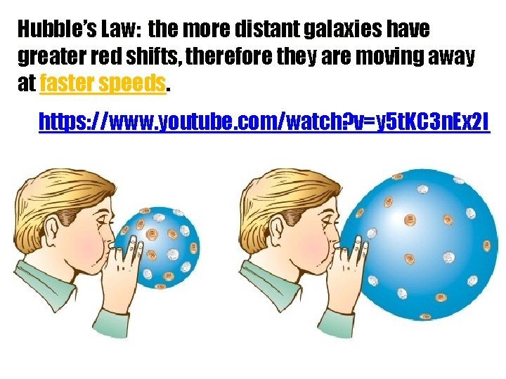 Hubble’s Law: the more distant galaxies have greater red shifts, therefore they are moving