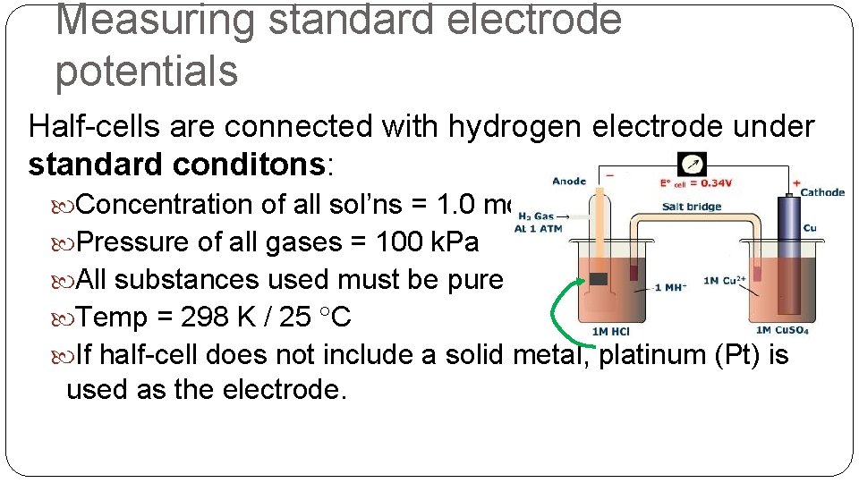 Measuring standard electrode potentials Half-cells are connected with hydrogen electrode under standard conditons: Concentration