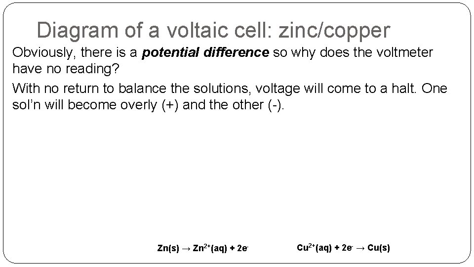 Diagram of a voltaic cell: zinc/copper Obviously, there is a potential difference so why