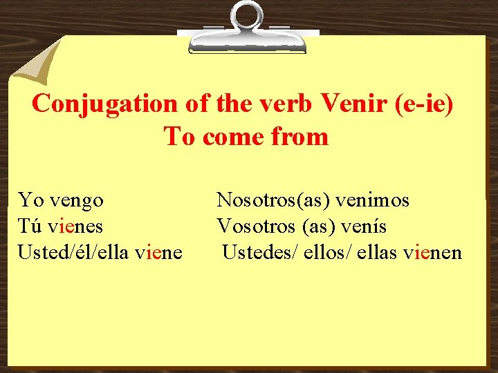 Conjugation of the verb Venir (e-ie) To come from Yo vengo Tú vienes Usted/él/ella