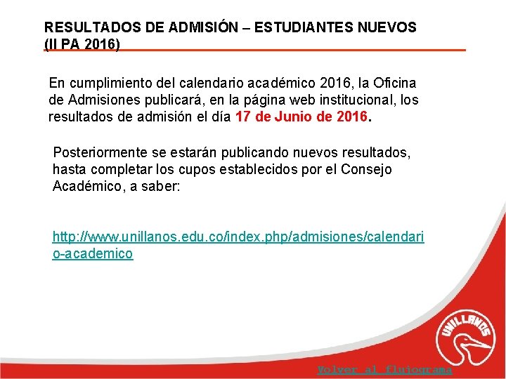 RESULTADOS DE ADMISIÓN – ESTUDIANTES NUEVOS (II PA 2016) En cumplimiento del calendario académico