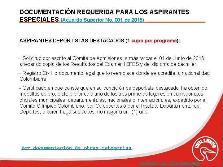 DOCUMENTACIÓN REQUERIDA PARA LOS ASPIRANTES ESPECIALES (Acuerdo Superior No. 001 de 2015) ASPIRANTES DEPORTISTAS