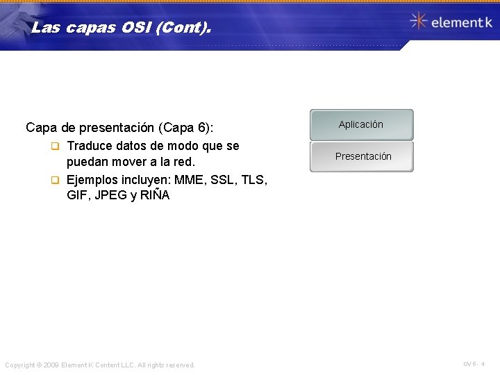 Las capas OSI (Cont). Capa de presentación (Capa 6): Traduce datos de modo que