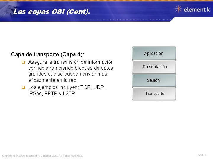 Las capas OSI (Cont). Capa de transporte (Capa 4): Asegura la transmisión de información