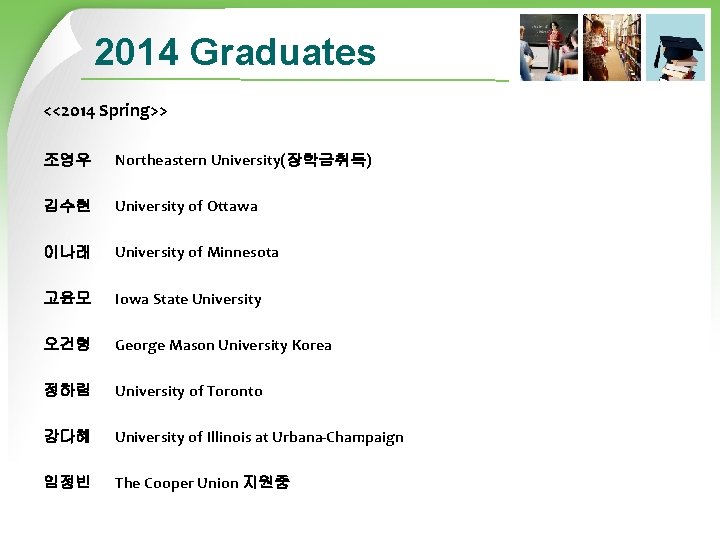 2014 Graduates <<2014 Spring>> 조영우 Northeastern University(장학금취득) 김수현 University of Ottawa 이나래 University of