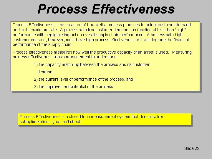 Process Effectiveness is the measure of how well a process produces to actual customer