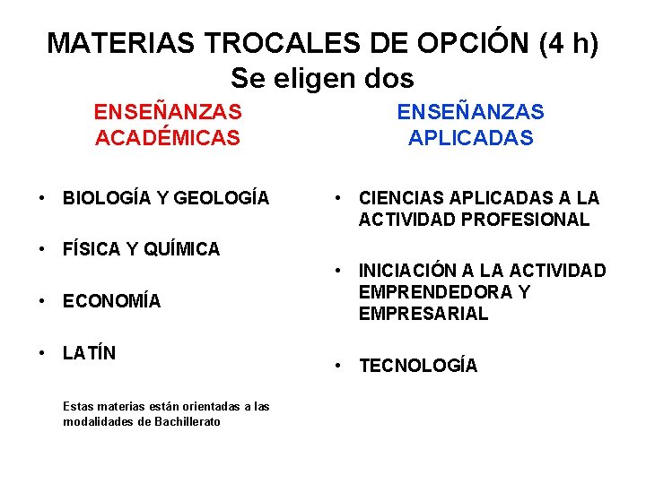 MATERIAS TROCALES DE OPCIÓN (4 h) Se eligen dos ENSEÑANZAS ACADÉMICAS • BIOLOGÍA Y