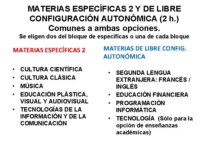 MATERIAS ESPECÍFICAS 2 Y DE LIBRE CONFIGURACIÓN AUTONÓMICA (2 h. ) Comunes a ambas