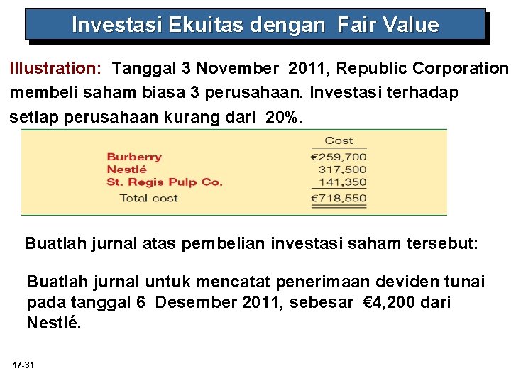 Investasi Ekuitas dengan Fair Value Illustration: Tanggal 3 November 2011, Republic Corporation membeli saham