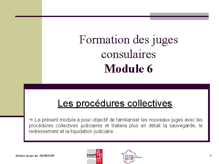 Formation des juges consulaires Module 6 Les procédures collectives Le présent module a pour