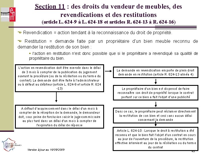 Section 11 : des droits du vendeur de meubles, des revendications et des restitutions