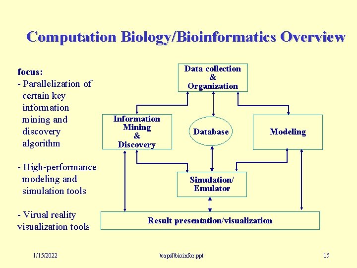 Computation Biology/Bioinformatics Overview focus: - Parallelization of certain key information mining and discovery algorithm