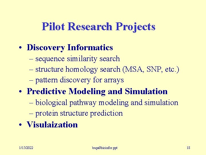 Pilot Research Projects • Discovery Informatics – sequence similarity search – structure homology search